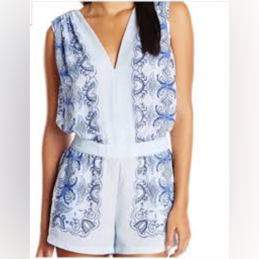 BCBGMaxAzria Blue and White Snakeskin Print Jumpsuit with Plunging V-Neck